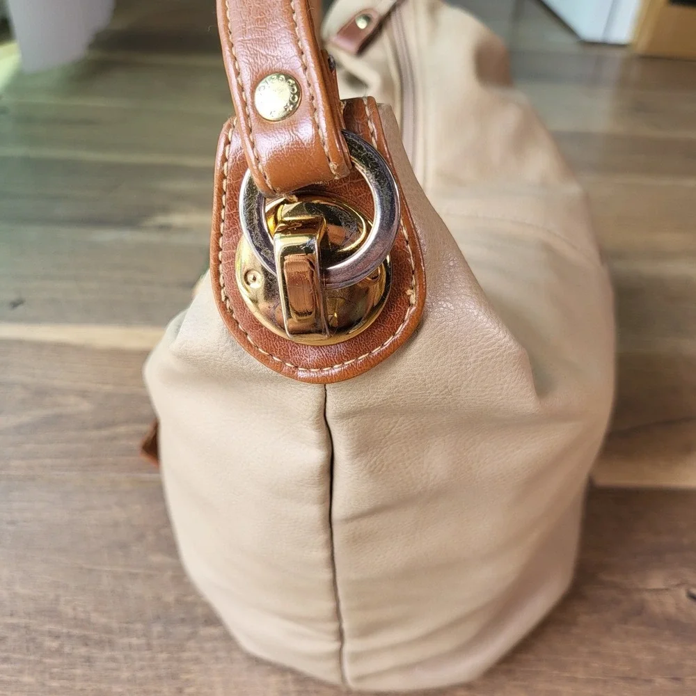 Capezio Vintage Beige Faux Leather Hobo Shoulder Bag Cognac Trim Gold Hardware